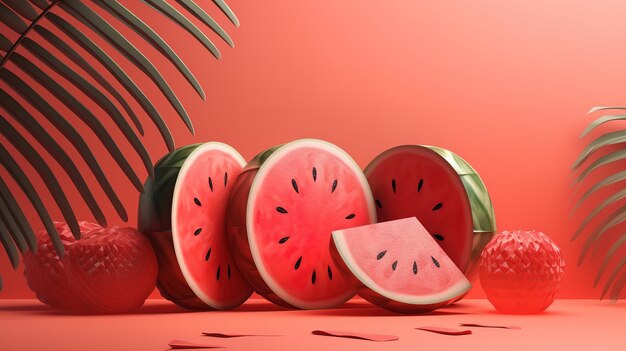 3D watermelon fruit slices levitating Juicy summer composition Generative ai