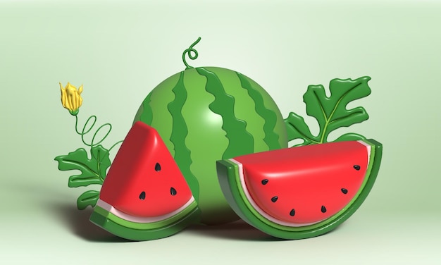 Banner 3d di anguria e fette succose illustrazione 3d del succo di anguria frutta fresca e succosa