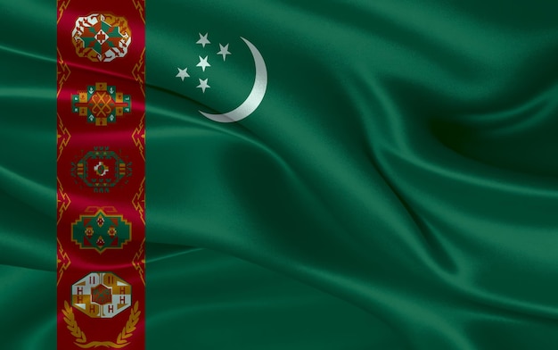 Foto 3d sventolando la bandiera nazionale di seta realistica del turkmenistan buona giornata nazionale bandiera del turkmenistan