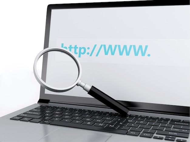 3d web search with magnifying glass on laptop. Internet concept