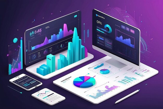 3D 웹 UI 인터페이스 데이터 분석 SEO 최적화 대시보드 및 비즈니스 금융 보고서