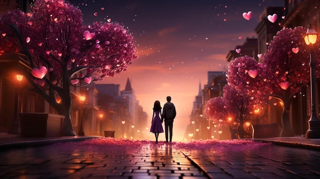 Photo 3d wedding couple standing in the middle of road many colors love heart around them