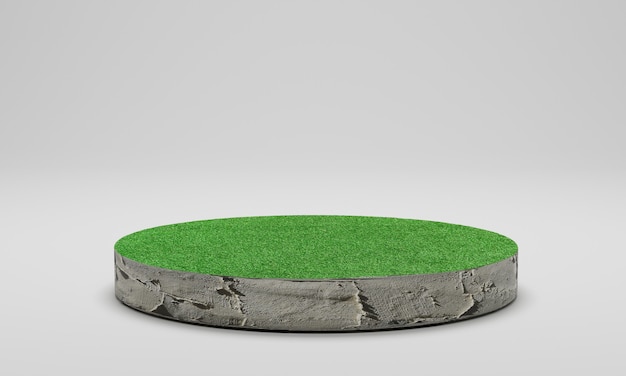 3D-weergave. Cirkel opengewerkt grasveld. Cement podium met groen gazon geïsoleerd op een witte achtergrond.