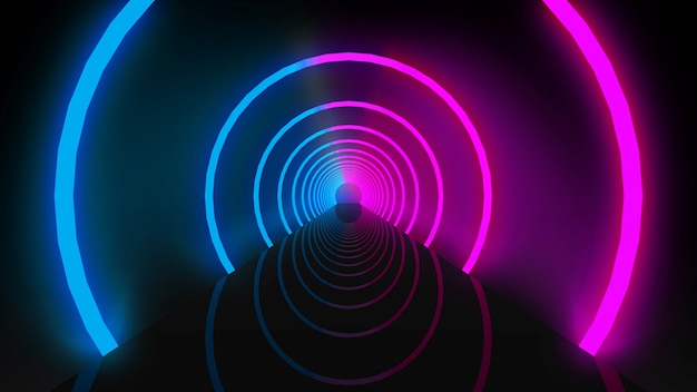 3D-weergave. gloeiende violet en blauwe straal licht cirkelvormige ringen tunnel gat muur.