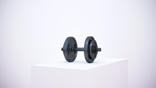 3D-weergave. ijzer fitnessapparatuur in wit podium