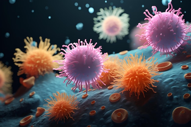 3D-weergave illustratie van microscoop close-up weergave van bacteriecellen, microben of virusachtergrond Roze oranje kleurcellen op blauw oppervlak Concept van wetenschapsgeneeskunde Wetenschappelijk experiment