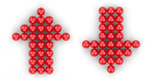 3D-weergave kleine rode balgroep in pijl omhoog en omlaag op wit