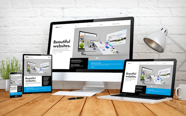 3D-weergave met multidevices met een responsieve ontwerpwebsite voor de bouwer