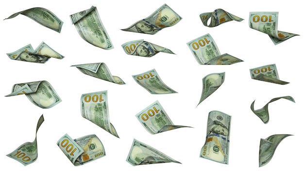 Foto 3d-weergave van 100 us-dollar biljetten die in verschillende hoeken en oriëntaties vliegen