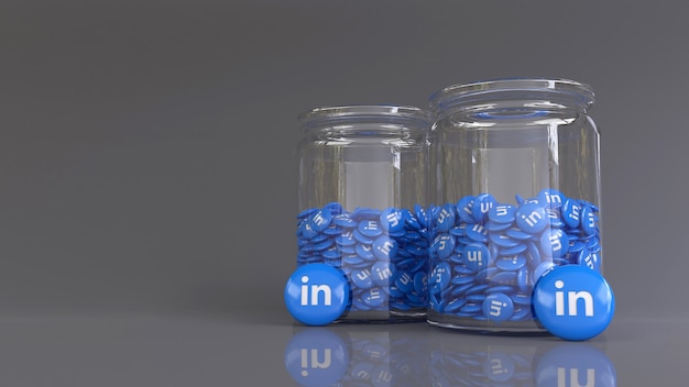 3D-weergave van 2 glazen potten gevuld met veel glanzende linkedin-badges