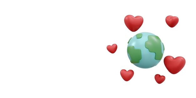 3D-weergave van aarde en hart pictogram concept van aarde en milieu dag achtergrond banner kaart poster 3D Render illustratie cartoon stijl