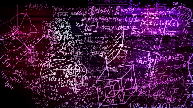 Foto 3d-weergave van abstracte blokken met wiskundige formules in de virtuele ruimte