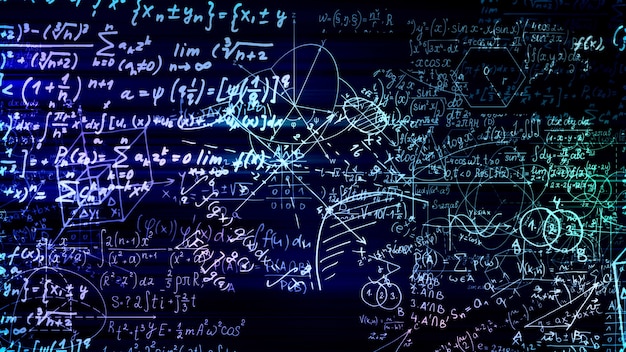 Foto 3d-weergave van abstracte blokken met wiskundige formules in de virtuele ruimte