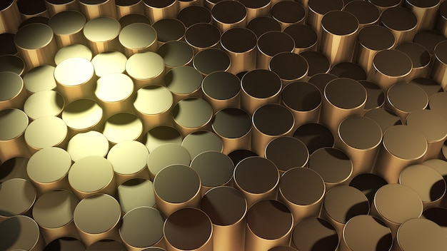 3D-weergave van abstracte cilindrische geometrische gouden oppervlakken in virtuele ruimte