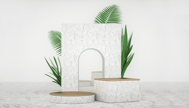 3D-weergave van abstracte geometrische achtergrond met plantendecoratie voor productvertoning