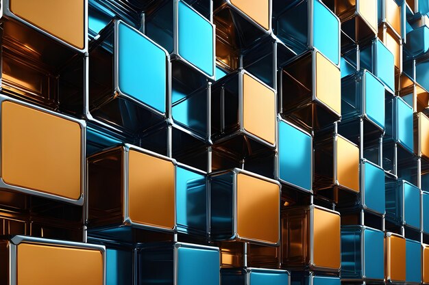 Foto 3d-weergave van abstracte metalen achtergrond met kubussen in blauwe en gouden kleuren