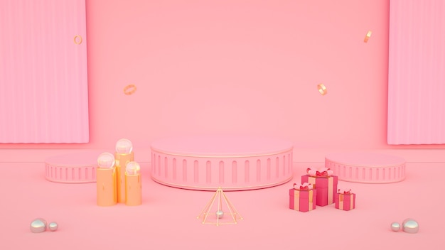 3d-weergave van abstracte roze achtergrond met geschenkdoos