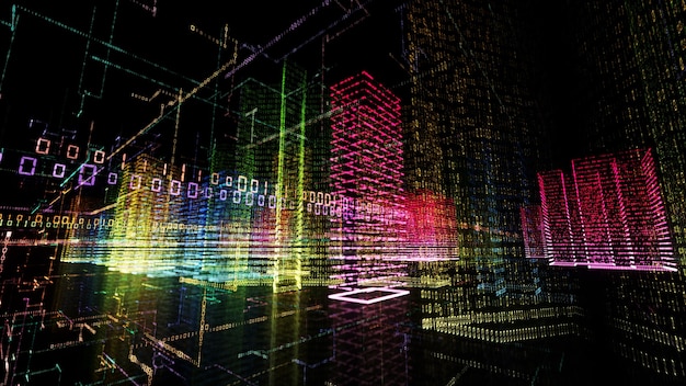 3D-weergave van abstracte virtuele stad binnen een computersysteem Hologram 3D Big Data Digital City