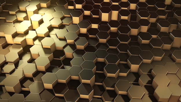 3D-weergave van abstracte zeshoekige geometrische gouden oppervlakken in virtuele ruimte