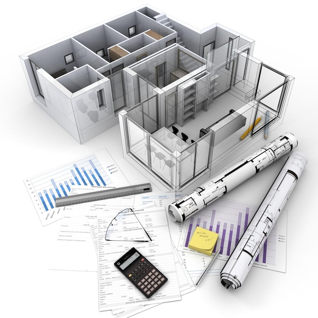 3D-weergave van architectuurmodel bovenop een tafel met hypotheekaanvraagformulier, rekenmachine, blauwdrukken, enz.