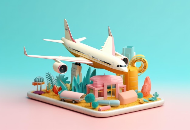 3D-weergave van bagage en een vliegtuig platte achtergrond Generatieve AI