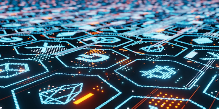 Foto 3d-weergave van bitcoin en andere cryptovaluta's leidde gloeien op een donker glanzend glazen bord met blockchain-gegevenspunten en lijnen.