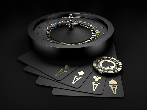 3D-weergave van Black Casino Roulette Wheel met een blauwe bal en gouden chip. geïsoleerd zwart, uitknippad inbegrepen.