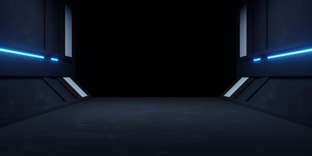 3D-weergave van blauw neon gloeiend ruimteschip gang gang donkere achtergrond Scène voor reclame