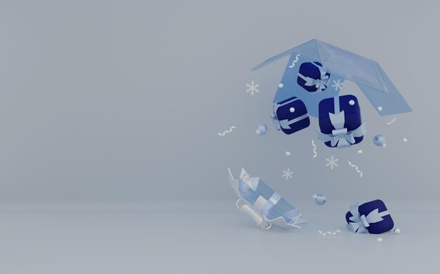 3D-weergave van blauwe prettige kerstdagen of winter of gelukkig nieuwjaar achtergrond met open geschenkdoos