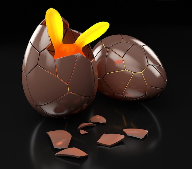 3D-weergave van chocolade paasei met de bovenkant gebroken.