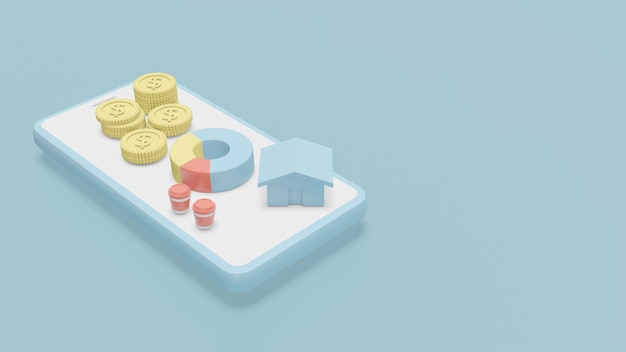 3D-weergave van cirkeldiagram stapel munten kopjes koffie en een huisje op het scherm van een smartphone