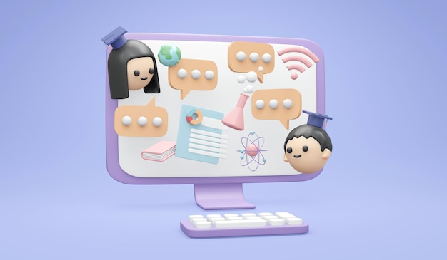 3D-weergave van computer met student chatten over studie wetenschap concept van online studeren onderwijs 3d render illustratie cartoon stijl