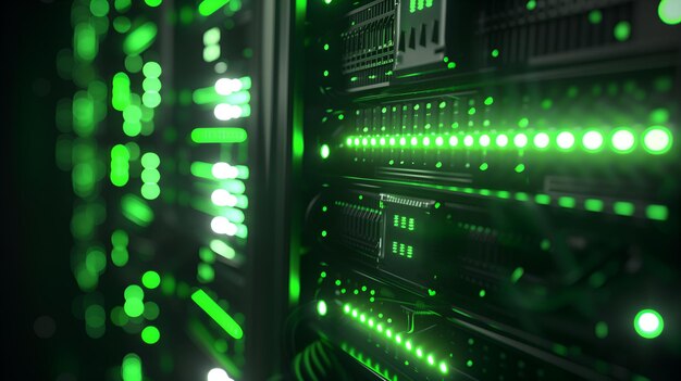 3D-weergave van computeropslagapparatuur met groen licht in serverruimte datacentrum