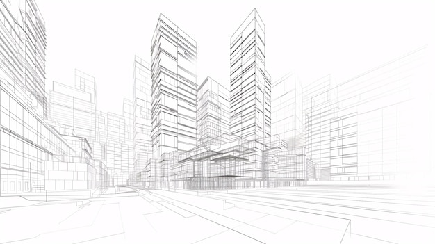 3D-weergave van creatieve architectonische constructie met abstracte stedelijke skyline