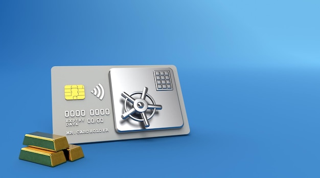 3D-weergave van creditcard met stalen kluis op blauwe achtergrond.
