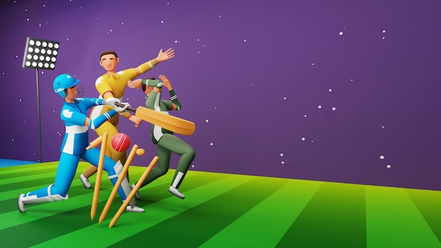 Foto 3d-weergave van cricket player-personages in verschillende poses op groene en paarse stadionachtergrond.
