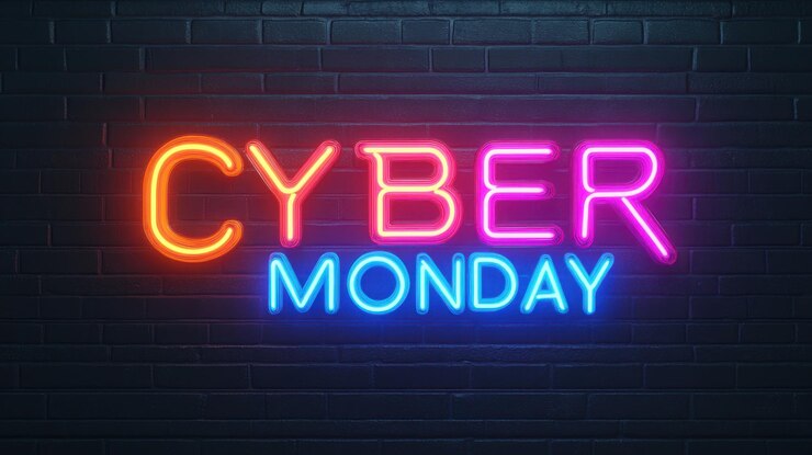 Foto 3d-weergave van cyber monday neonbord op donkere grijze bakstenen muur