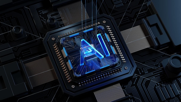 Foto 3d-weergave van cyberpunk ai printplaat technische achtergrond centrale computer processors cpu en gpu concept moederbord digitale chip tech wetenschap achtergrond
