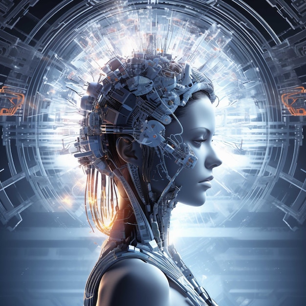 Foto 3d-weergave van cyborgvrouw met circuitbrein op blauwe achtergrond