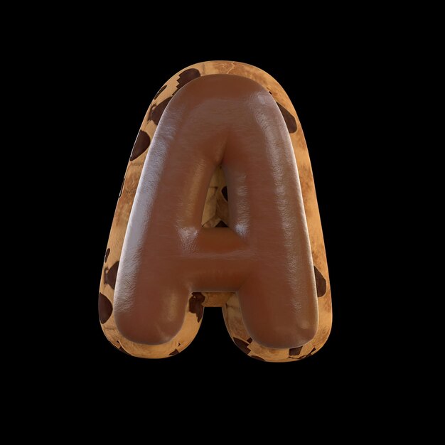 3D-weergave van de A-letter die een koekje met chocolade erop nabootst