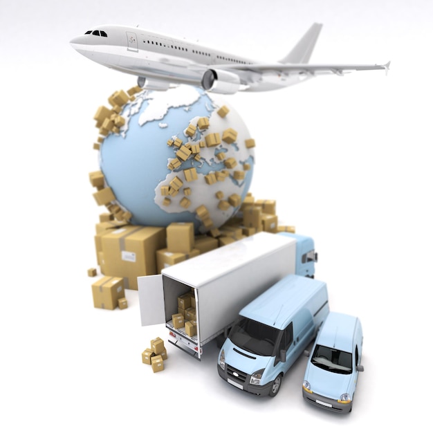 3D-weergave van de aarde, kartonnen dozen, een busje, een vrachtwagen en een vliegend vliegtuig