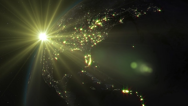 3D-weergave van de aarde vanuit de ruimte tegen de achtergrond van de sterrenhemel en de zon