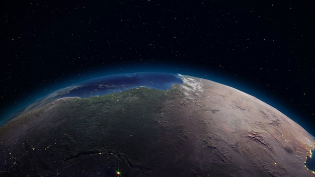 3D-weergave van de aarde vanuit de ruimte tegen de achtergrond van de sterrenhemel