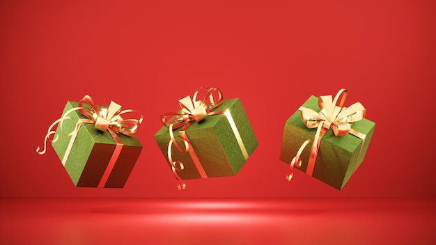 3D-weergave van de achtergrond van de kerst vitrine met geschenkkistjes en speelgoed
