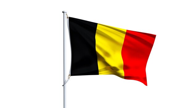 Foto 3d-weergave van de belgische vlag geïsoleerd op witte achtergrond zwaaiende vlag van belgië