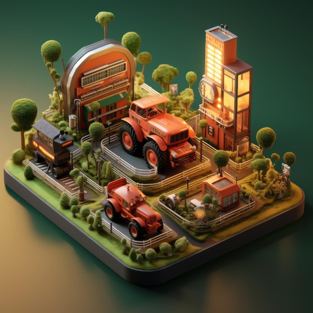 3D-weergave van de isometrische miniatuur van de tractorstad