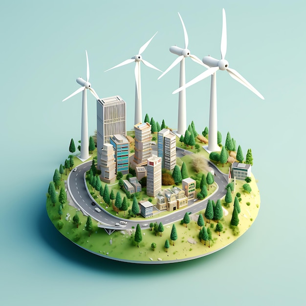 3D-weergave van de isometrische miniatuur van de windturbinestad