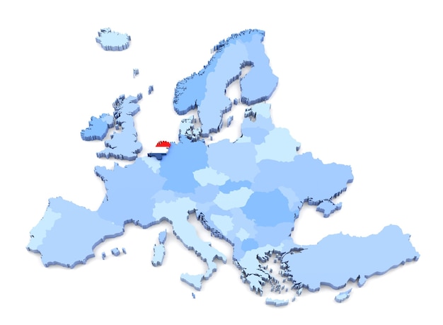 3d-weergave van de kaart van europa, nederland met vlag