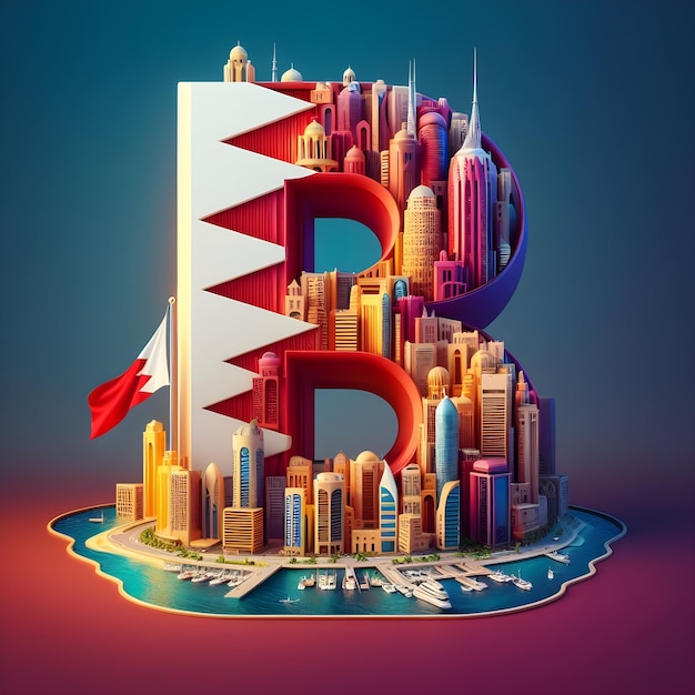 3D-weergave van de letter B tegen de kleurrijke achtergrond van de hoofdstad en vlag van Bahrein