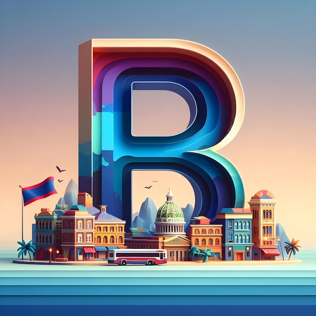 3D-weergave van de letter B tegen de kleurrijke achtergrond van de hoofdstad en vlag van Belize